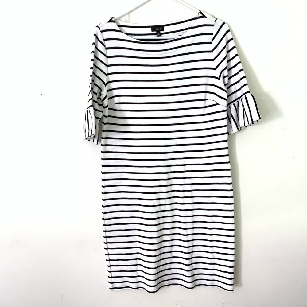 Talbots M Black & White Stripe Short Sleeve Cotton Dress w Detail at Sleeves New